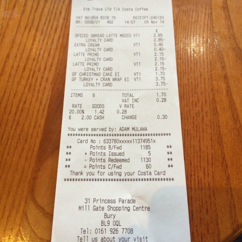 Costa - Receipt - Coffee & Tea Near Me - Bury, XGM