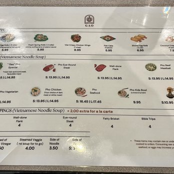 Gao - Menu and prices - March 2023 - Zoom in to see details and prices - Vietnamese Near Me - Fairfax, Virginia
