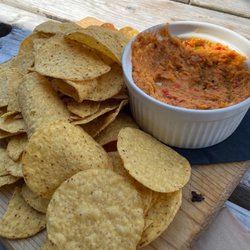 Whitewater Brewing Co. - Roasted red pepper hummus w/corn chips, mmmm