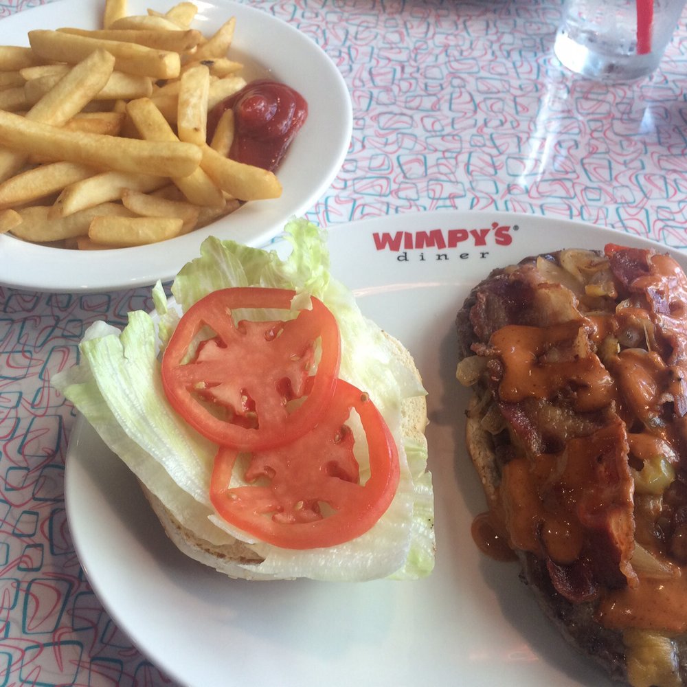 Wimpy's Diner - Tex Mex burger and fries. The burger is 10oz and about double the size of the bun. - Diners Near Me - Burlington, Ontario Wimpy's Diner - Tex Mex burger and fries. The burger is 10oz and about double the size of the bun. - Diners Near Me - Burlington, Ontario