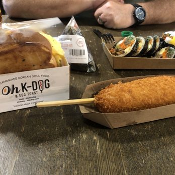 Oh K Dog - Ham and cheese egg toast and half and half (mozz and hot dog) corn dog. - Hot Dogs Near Me - Austin, Texas