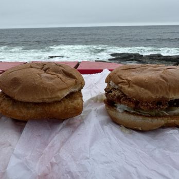 The Lobster Shack - Fish Burger (left) and Clam Burger (right). - Seafood Near Me - Cape Elizabeth, Maine