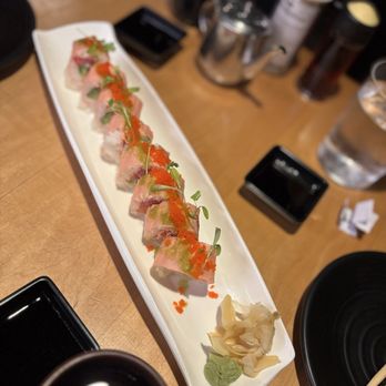 Slurping Turtle - Pink Lady Roll 23 tuna, hamachi, salmon, avocato wrapped w/ soy paper, topped w/ masago, jalapeño vinaigrette, micro cilantro - Sushi Bars Near Me - Columbus, Ohio
