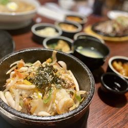 Hai Woon Dai - Seafood dolsot Bibimbab - seafood over rice on a hot stone bowl.