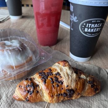 Ithaca Bakery - Cinnamon roll, crossant, smoothie and a maple latte - Delis Near Me - Ithaca, New York