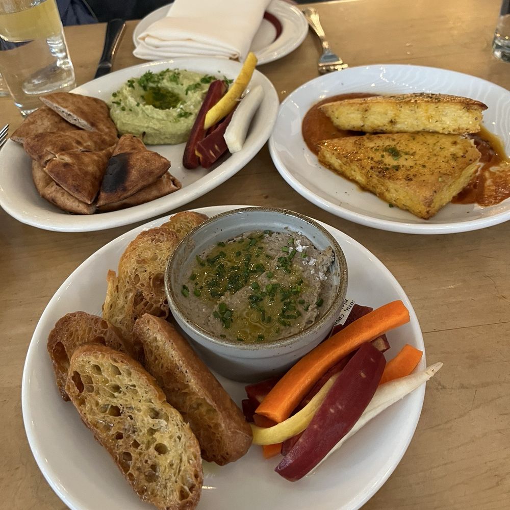 Moosewood Restaurant - Green pea hummus, polenta cakes and mushroom lentil pate - New American Near Me - Ithaca, New York Moosewood Restaurant - Green pea hummus, polenta cakes and mushroom lentil pate - New American Near Me - Ithaca, New York