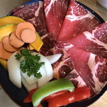Halves Boiling Pot + Grill - The tray of meat. It's higher end meat compared to regular shabu places. - Japanese Near Me - Foothill Ranch, California