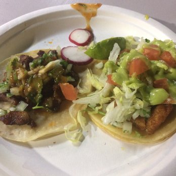 Tacos The King David - Fish taco ($3) and al pastor taco ($3) - Food Trucks Near Me - Santa Clara, California