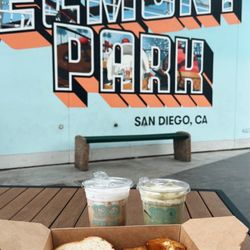 Draft Coffee - Pistachio latte, strawberry matcha, and breakfast sandwich