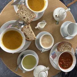Ralia Cafe - This is what me and two other people ordered. Chamomile tea, tea, late, carrot soup (x2) and minestrone soup. £25