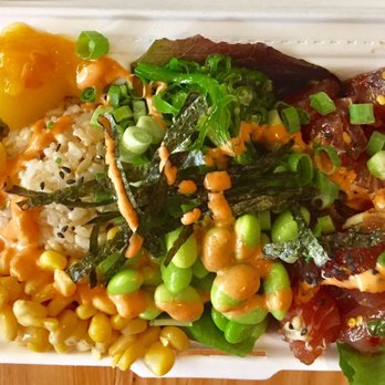 The Poke Guy - Ahi tuna poke bowl with seaweed salad, corn, edamame, green onion, mango and spicy mayo - Hawaiian Near Me - Vancouver, British Columbia The Poke Guy - Ahi tuna poke bowl with seaweed salad, corn, edamame, green onion, mango and spicy mayo - Hawaiian Near Me - Vancouver, British Columbia