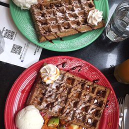 The Carmel apple waffle and the Banana combo waffle. Both done Gluten free!!!! The Carmel apple waffle and the Banana combo waffle. Both done Gluten free!!!!