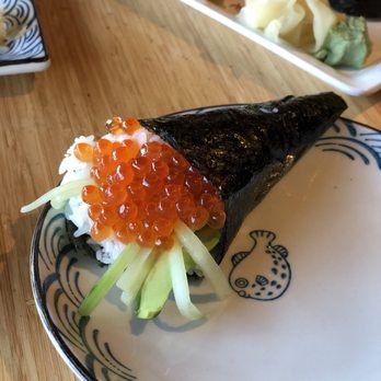 Ikiiki - Ikura Hand Roll on a cute plate! - Japanese Near Me - Seattle, Washington