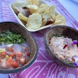 Table set: smoked fish dip (favorite), poi & lomi tomato, root chips
