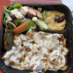 Med Diner - Shawarma platter- chicken, rice, salad, stuffed grape leaf, hummus and pita