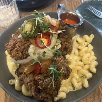 Gather - Mac n cheese with fried chicken - New American Near Me - Omaha, Nebraska Gather - Mac n cheese with fried chicken - New American Near Me - Omaha, Nebraska