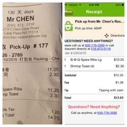 Mr Chen's Restaurant - Their online receipt is less than what they charge me at the store...scam