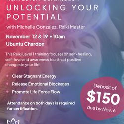 Ubuntu Wellness - Reiki Level 1 Certification! Nov 12 & 19. Book your spot today at https://ubuntuwellness.as.me/reiki-level-one.