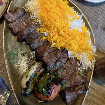 Ravagh Persian Grill - Barg (Beef Sirloin) Kabob w/ White & Saffron Rice - Persian/Iranian Near Me - New York, New York Ravagh Persian Grill - Barg (Beef Sirloin) Kabob w/ White & Saffron Rice - Persian/Iranian Near Me - New York, New York