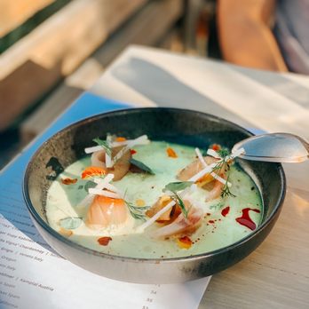 Small Barn - Hamachi Crudo GF | Chilled Coconut Broth | Marinated Plums | Chili Oil | Dill 19 - New American Near Me - Temecula, California Small Barn - Hamachi Crudo GF | Chilled Coconut Broth | Marinated Plums | Chili Oil | Dill 19 - New American Near Me - Temecula, California