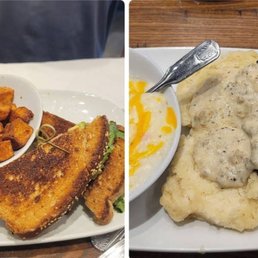On the left: club sandwich On the right: biscuits and gravy platter On the left: club sandwich On the right: biscuits and gravy platter