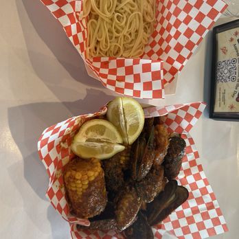 Boil Daddy - 1/2 lb mussels 1/2 shrimp Corn Linguine noodles on the side - Cajun/Creole Near Me - Garden Grove, California Boil Daddy - 1/2 lb mussels 1/2 shrimp Corn Linguine noodles on the side - Cajun/Creole Near Me - Garden Grove, California