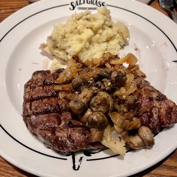 Saltgrass Steak House - 12 oz Pat's ribeye smothered and with mashed potatoes - Steakhouses Near Me - Lewisville, Texas