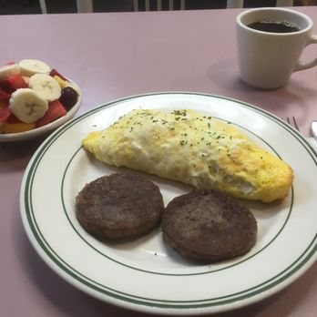Crystal Cafe - Steak and Swiss omelet, side of sausage patties and fruit. - Diners Near Me - Parkersburg, West Virginia Crystal Cafe - Steak and Swiss omelet, side of sausage patties and fruit. - Diners Near Me - Parkersburg, West Virginia