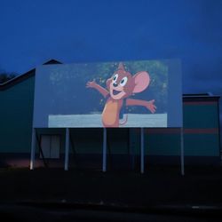 Neptune Twin Theatres - Screen during preciews before dark - from inside car