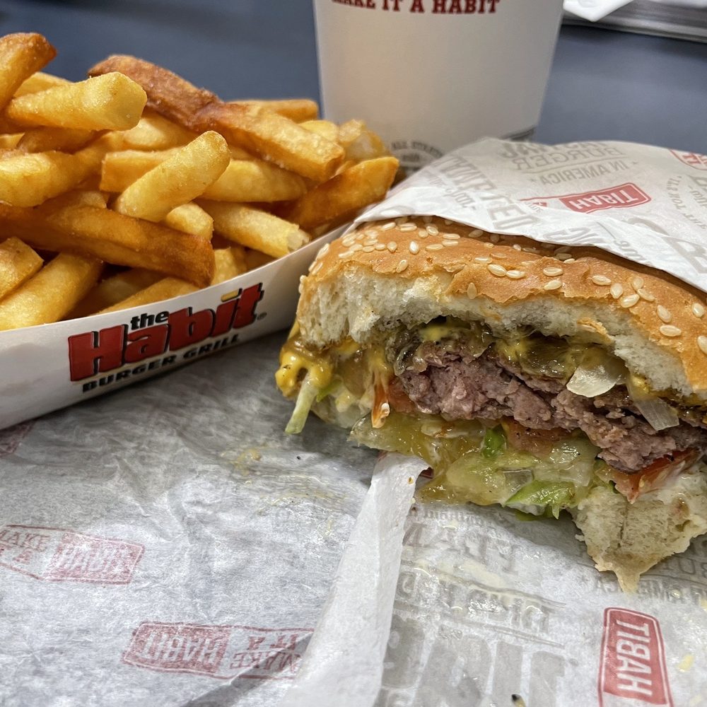 Habit Burger & Grill - Signature Char burger with cheese, fries, and a drink (black tea - unsweetened) - Burgers Near Me - Bowie, Maryland