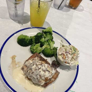 Big Fish Grill on the Riverfront - Broiled Mahi with seafood cake and lobster sauce; side broccoli and coleslaw - Seafood Near Me - Wilmington, Delaware