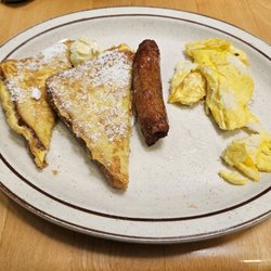 French toast, sausage, and eggs.