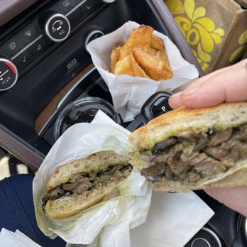 The Carving Board - the Buenos Aires: filet mignon, mushrooms, (minus the bell pepper), mozzarella and chimichurri on a telera roll - Sandwiches Near Me - Burbank, California