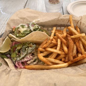 The Shack at The Hideaway in Hull Bay - Shrimp tacos with fries - American Near Me - St. Thomas, Virgin Islands The Shack at The Hideaway in Hull Bay - Shrimp tacos with fries - American Near Me - St. Thomas, Virgin Islands
