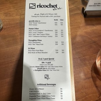 Ricochet Wine - Ricochet et al tasting flight menu - Wineries Near Me - McMinnville, Oregon Ricochet Wine - Ricochet et al tasting flight menu - Wineries Near Me - McMinnville, Oregon