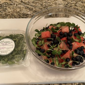 First Leaves - Watermelon, blueberries, and First Leaves cantaloupe shoots make an amazing fruit salad! - Food Delivery Services Near Me First Leaves - Watermelon, blueberries, and First Leaves cantaloupe shoots make an amazing fruit salad! - Food Delivery Services Near Me