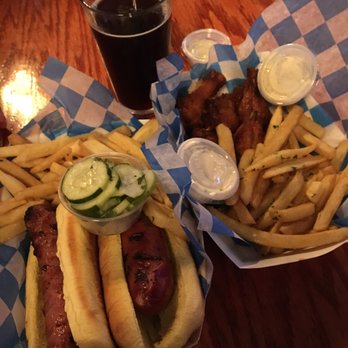 Tysons Biergarten - Regular Bratwurst, Cheddarwurst with Cucumber Salad/Pommes Frittes  & Jumbo Wings! - Beer Bar Near Me - McLean, Virginia