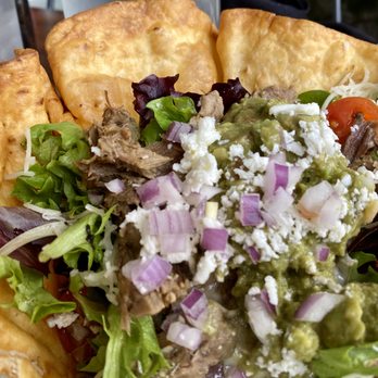 Ay Caramba - Tostada Salad - crisp and light shell with tender, exquisitely seasoned lengua, chipotle dressing on the side. - Mexican Near Me - Prunedale, California Ay Caramba - Tostada Salad - crisp and light shell with tender, exquisitely seasoned lengua, chipotle dressing on the side. - Mexican Near Me - Prunedale, California