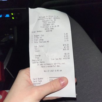 Chick-fil-A - Receipt - Fast Food Near Me - Jacksonville, North Carolina Chick-fil-A - Receipt - Fast Food Near Me - Jacksonville, North Carolina