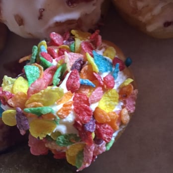 Cafe Dulce - close up of fruity pebble donut - surprisingly not too sweet at all! - Coffee & Tea Near Me - Los Angeles, California