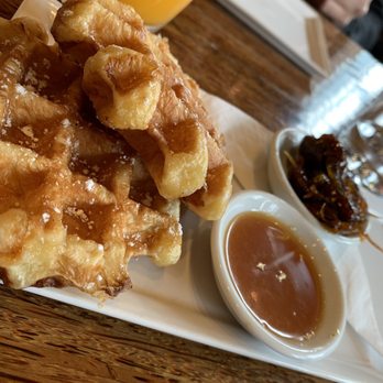 Chambar - Waffles with salted caramel sauce and fig orange marmalade - Belgian Near Me - Vancouver, British Columbia