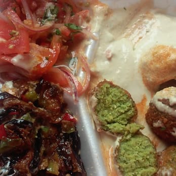 The Green Chicpea - Falafrl platter with hummus, eggplant, and tomato onion salad with chipotle mayo drizzle. - Middle Eastern Near Me - Newark, New Jersey The Green Chicpea - Falafrl platter with hummus, eggplant, and tomato onion salad with chipotle mayo drizzle. - Middle Eastern Near Me - Newark, New Jersey