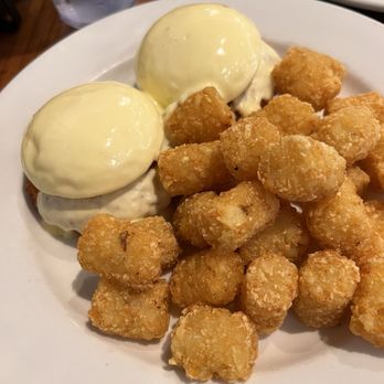Phoebe's Diner - -Crab Cake Benny-sub asparagus with tater tots - American Near Me - Austin, Texas Phoebe's Diner - -Crab Cake Benny-sub asparagus with tater tots - American Near Me - Austin, Texas