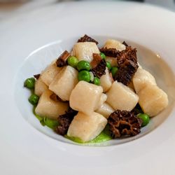 Osteria Nuova - May 16, 2023; Potato gnocchi w. pea cream and Piedmont morels (€13).