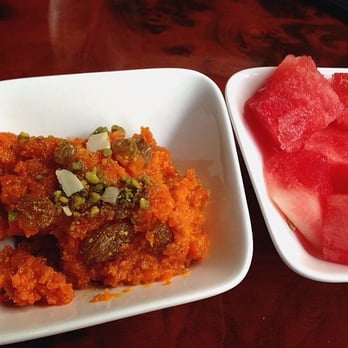Bollywood Bistro - Carrot halwa & watermelon dessert. Best tasting carrot pudding, HANDS DOWN! :3 - Indian Near Me - Fairfax, Virginia Bollywood Bistro - Carrot halwa & watermelon dessert. Best tasting carrot pudding, HANDS DOWN! :3 - Indian Near Me - Fairfax, Virginia