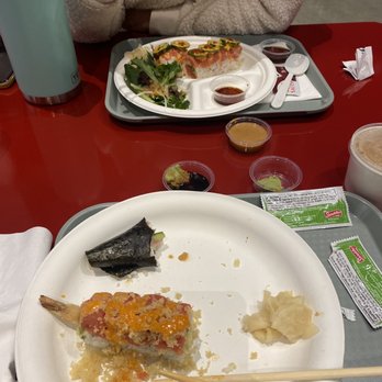 Sushiya - Hot night roll and Spicy tuna lovers roll. Half eaten yellowtail hand roll - Sushi Bars Near Me - Tustin, California Sushiya - Hot night roll and Spicy tuna lovers roll. Half eaten yellowtail hand roll - Sushi Bars Near Me - Tustin, California
