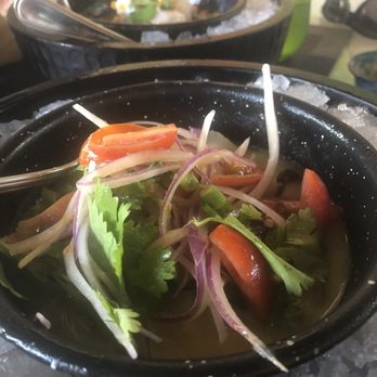 Blue Fish - Mixed yellow ceviche w/o potato sprinkles on top . Peruano ceviche in back - Mexican Near Me - Riviera Maya, ROO