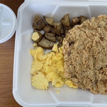 Jamie's Cafe - Country fried steak (gravy in separate container). Biscuit was supposed to be part of the meal but they forgot it. :( - Cafes Near Me - Elk Grove, California Jamie's Cafe - Country fried steak (gravy in separate container). Biscuit was supposed to be part of the meal but they forgot it. :( - Cafes Near Me - Elk Grove, California