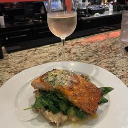 The Cove At Lake Murray - Honey bourbon salmon over mashed potatoes and sautéed spinach