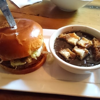 Queen St Warehouse - Mushroom Swiss Burger with French Onion Soup - Bars Near Me - Toronto, Ontario Queen St Warehouse - Mushroom Swiss Burger with French Onion Soup - Bars Near Me - Toronto, Ontario